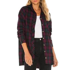 Lovers + Friends Top Medium Red & Black Plaid Oversized Button Up Shirt Relaxed‎